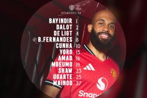 曼联vs埃弗顿首发：姆贝莫首秀，B费、库尼亚、阿玛德、梅努先发