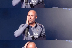 骑车摔成骨折😂恩里克手臂打着吊带亮相巴黎发布会