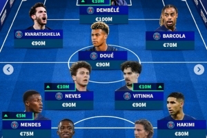 法甲身价最高阵：登贝莱、K77、维蒂尼亚领衔，巴黎占据全部11人